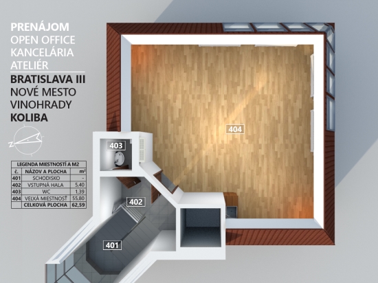 Prenájom, kancelársky priestor Bratislava Nové Mesto, Koliba, Ateliér 62,59 m2
