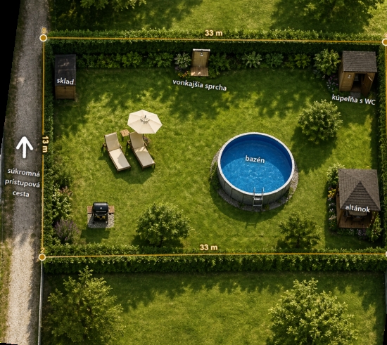 Predaj, rekreačný pozemok Komárno, s altánkom a zapusteným bazénom